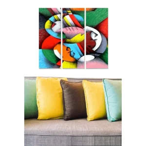 Canvastavla i trä 3-delar 50x70 cm - Abstrakt komposition med cirklar och former i starka färger Röd / Grön / Blå - Inredning Köp nu