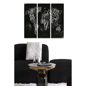 Begränsat antal Canvastavla i trä 3-delar 50x70 cm - Världskarta med handskrivna namn på kontinenter och länder Svart / Vit - Inredning