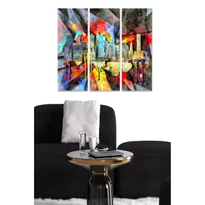 Canvastavla i trä 3-delar 50x70 cm - Färgstark stadsbild med abstrakta former och silhuetter av byggnader Röd / Blå / Gul - Inredning Populärt val