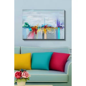 Canvastavla 70x100 cm - Abstrakt stadssilhuett med färgglada inslag och reflektioner Blå / Lila / Orange - Inredning Endast denna vecka
