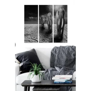 Lågt pris Canvastavla i trä 3-delar 50x70 cm - Tre elefanter som går över en sprucken och torr markyta Svart / Grå / Vit - Inredning