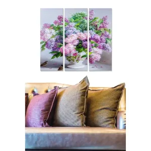 Canvastavla i trä 3-delar 50x70 cm - Färgrik bukett av syrenblommor i en vacker vas Lila / Grön / Vit - Inredning Reapris
