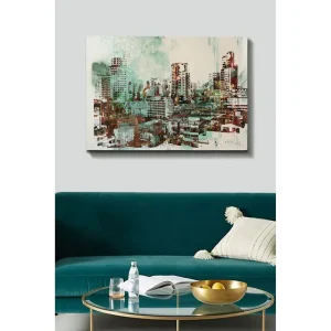 Canvastavla 70x100 cm - Urban stadslandskap med höga byggnader och livliga gator Grön / Brun / Vit - Inredning Reapris