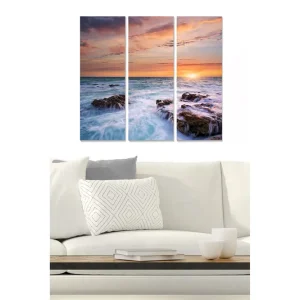Kampanjpris Canvastavla i trä 3-delar 50x70 cm - Solnedgång över havet med klippor i förgrunden Blå / Orange / Lila - Inredning