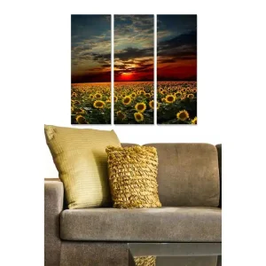 Billig Canvastavla i trä 3-delar 50x70 cm - Solrosfält under en dramatisk solnedgång Gult / Grönt / Orange - Inredning