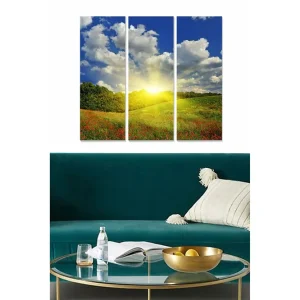 Canvastavla i trä 3-delar 50x70 cm - Vacker landskapsvy med soluppgång över en blomstrande äng Blå / Grön / Gul - Inredning Kampanj