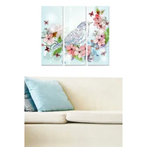 Outlet Canvastavla i trä 3-delar 50x70 cm - Färgglad komposition med fågel och blommor Ljusblå / Rosa / Grön - Inredning
