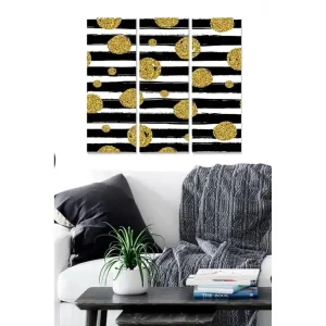 Premium Canvastavla i trä 3-delar 50x70 cm - Svart och vit abstrakt komposition med gyllene cirklar Guld / Svart / Vit - Inredning