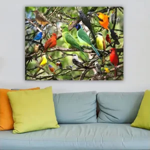 Billig Canvastavla 70x100 cm - Flera färgglada fåglar som sitter på grenar i en livlig naturmiljö Grön / Röd / Blå - Inredning