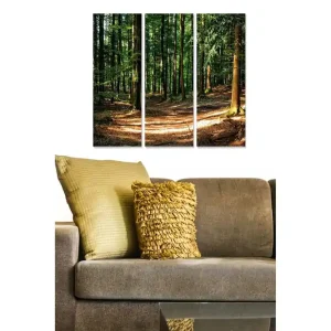 Populär Canvastavla i trä 3-delar 50x70 cm - Lummig skog med solbelysta stigar Grön / Brun / Gul - Inredning