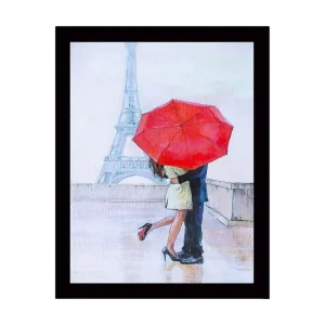Utförsäljning Inramad Canvastavla i trä - 41x56 cm - Romantisk kyss under ett rött paraply i Paris Röd / Beige / Blå - Inredning