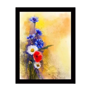 Billig Inramad Canvastavla i trä - 41x56 cm - Färgrik bukett av blommor med blå och röda inslag Blå / Röd / Vit - Inredning