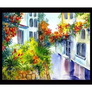 Inramad Canvastavla i trä - 41x56 cm - Färgglad gata med blommande växter och husfasader Grön / Röd / Gul - Inredning I lager