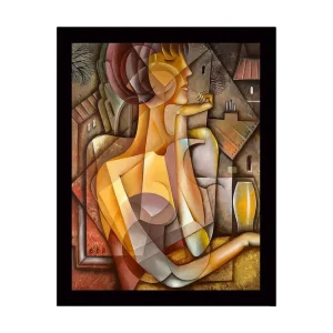 Inramad Canvastavla i trä - 41x56 cm - Abstrakt porträtt av en kvinna med geometriska former Guld / Brunt / Beige - Inredning I lager
