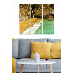 Bästa pris Canvastavla i trä 3-delar 50x70 cm - Vacker strand med klippor och klart vatten Grön / Beige / Blå - Inredning