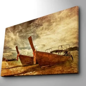 Canvastavla 70x100 cm - Två traditionella thailändska båtar vid stranden Brun / Beige / Orange - Inredning Utförsäljning