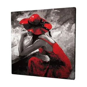 Canvastavla 45x45 cm - Kvinnlig figur i röd klänning och hatt som sitter eftertänksamt Röd / Svart / Grå - Inredning Erbjudandepris