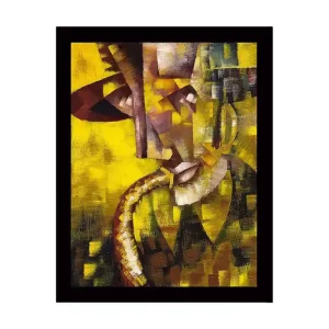 Bästa pris Inramad Canvastavla i trä - 41x56 cm - Abstrakt porträtt av en musiker med saxofon Gult / Brunt / Grått - Inredning