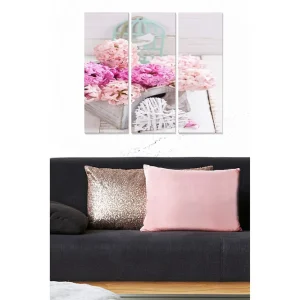 Billigare Canvastavla i trä 3-delar 50x70 cm - Färgrik bukett av blommor i en korg Rosa / Ljusrosa / Grå - Inredning