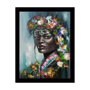 Reapris Inramad Canvastavla i trä - 41x56 cm - Porträtt av en kvinna med blommor i håret Svart / Grön / Rosa - Inredning