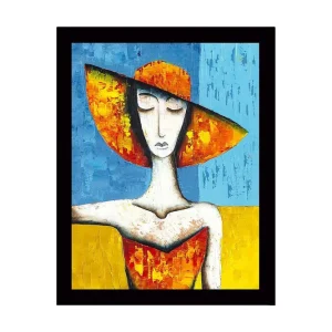 Billig Inramad Canvastavla i trä - 41x56 cm - Kvinna med stor hatt i starka färger Orange / Blå / Gul - Inredning