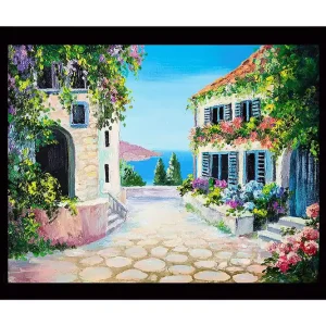 Inramad Canvastavla i trä - 41x56 cm - Charmig medelhavsgata med blommor och hus Blå / Grön / Rosa - Inredning Nedsatt pris