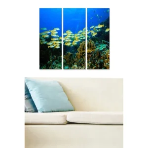 Lågt pris Canvastavla i trä 3-delar 50x70 cm - Skola av färgglada fiskar i korallrevets djup Blå / Gul / Grön - Inredning