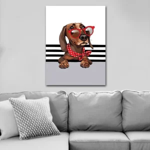 Canvastavla 70x100 cm - Söt hund med solglasögon och en röd prickig scarf Brun / Röd / Grå - Inredning Outlet