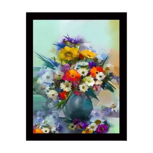 Inramad Canvastavla i trä - 41x56 cm - Färgrik bukett av blommor i en vas Gul / Grön / Lila - Inredning Fri frakt