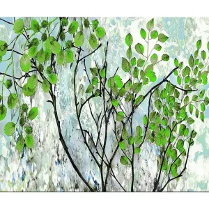 Trygg betalning Canvastavla 70x100 cm - Grönskande grenar med livfulla löv i en harmonisk komposition Grön / Svart / Ljusblå - Inredning
