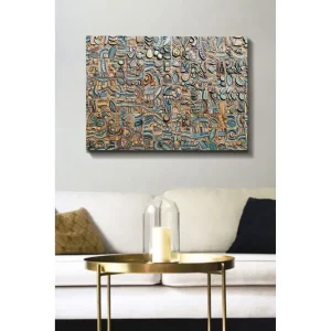Billig Canvastavla 70x100 cm - Abstrakt komposition med geometriska former och mönster i olika nyanser Blå / Brons / Svart - Inredning