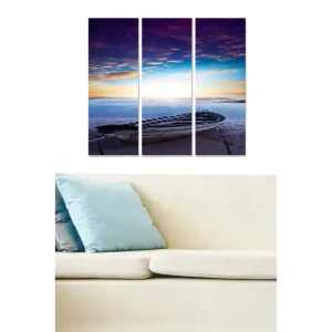 Snabb leverans Canvastavla i trä 3-delar 50x70 cm - Båt vid strandkanten under en färgsprakande solnedgång Lila / Blå / Orange - Inredning