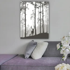 Canvastavla 70x100 cm - Silhuetter av hjortar i en skogsmiljö Svart / Grå / Vit - Inredning Beställ nu