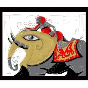 Inramad Canvastavla i trä - 41x56 cm - Elefant med en kvinna i röd klänning som rider på dess rygg Guld / Röd / Svart - Inredning Kampanjpris