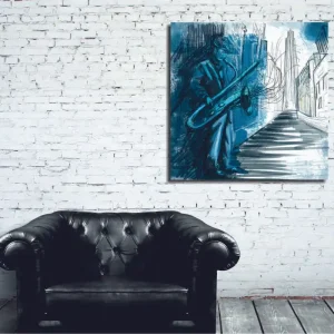 Endast idag Canvastavla 45x45 cm - Jazzmusiker som spelar saxofon i en stadsmiljö Blå / Grön / Svart - Inredning
