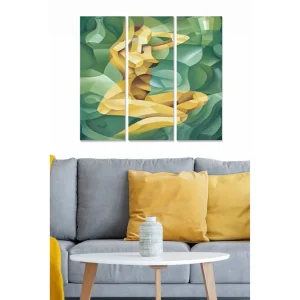 Köp nu Canvastavla i trä 3-delar 50x70 cm - Abstrakt komposition med en stiliserad mänsklig figur Grön / Gul / Ljusblå - Inredning