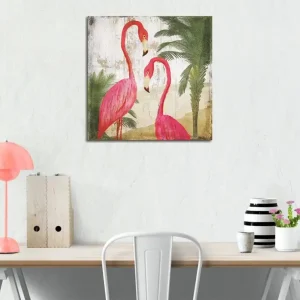 Canvastavla 45x45 cm - Två eleganta flamingos omgivna av palmer Rosa / Grön / Beige - Inredning Outlet