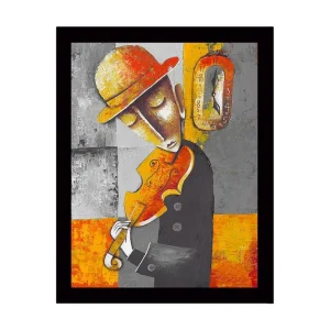 Beställ idag Inramad Canvastavla i trä - 41x56 cm - Musiker som spelar fiol med en nostalgisk känsla Grå / Orange / Gul - Inredning