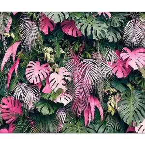 Canvastavla 70x100 cm - Frodig samling av tropiska växter med stora, färgglada blad Grön / Rosa - Inredning Populär
