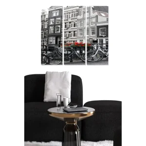 Canvastavla i trä 3-delar 50x70 cm - Svartvit stadsbild med cyklar och röda blommor Svart / Röd / Vit - Inredning Erbjudandepris
