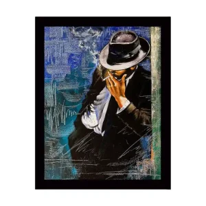 Inramad Canvastavla i trä - 41x56 cm - Stiliserad man i kostym med hatt som röker en cigarett Svart / Blå / Vit - Inredning Kundfavorit