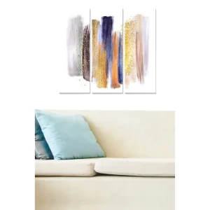 Canvastavla i trä 3-delar 50x70 cm - Abstrakt komposition med färgglada penseldrag och glittrande detaljer Lila / Guld / Beige - Inredning Bästa pris