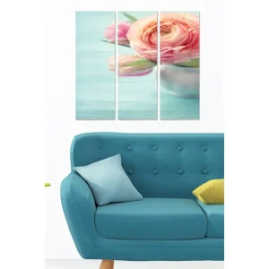 Kampanjpris Canvastavla i trä 3-delar 50x70 cm - Bukett av rosa blommor i en silverfärgad vas Rosa / Grön / Silver - Inredning