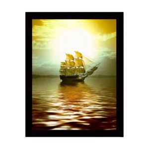 Populär Inramad Canvastavla i trä - 41x56 cm - Segelbåt som glider fram över spegelblanka vattenytor i solnedgångens ljus Guld / Brunt / Ljusgrön - Inredning