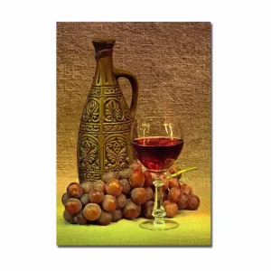 Canvastavla 70x100 cm - Stillsam komposition med en dekorativ kanna, ett glas vin och druvor Brun / Vinröd / Grå - Inredning Bästa pris
