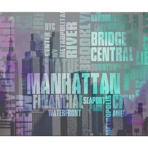 Canvastavla 70x100 cm - Stiliserad representation av Manhattan med fokus på stadens namn och ikoniska byggnader Lila / Turkos / Grå - Inredning Erbjudandepris