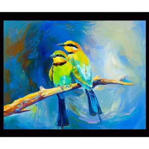 Nedsatt pris Inramad Canvastavla i trä - 41x56 cm - Två färgglada fåglar på en gren Grön / Blå / Gul - Inredning