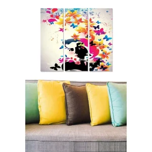 Snabb leverans Canvastavla i trä 3-delar 50x70 cm - Färgglad sammansättning av fjärilar och blommor i en stiliserad porträttform Rosa / Blå / Svart - Inredning