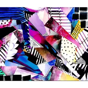 Populär Canvastavla 70x100 cm - Abstrakt komposition av färgglada geometriska former och mönster Lila / Blå / Svart - Inredning