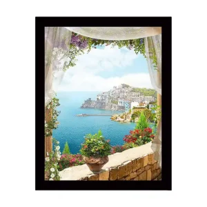 Snabb leverans Inramad Canvastavla i trä - 41x56 cm - Utsikt över en kuststad med blommor i förgrunden Blå / Grön / Rosa - Inredning